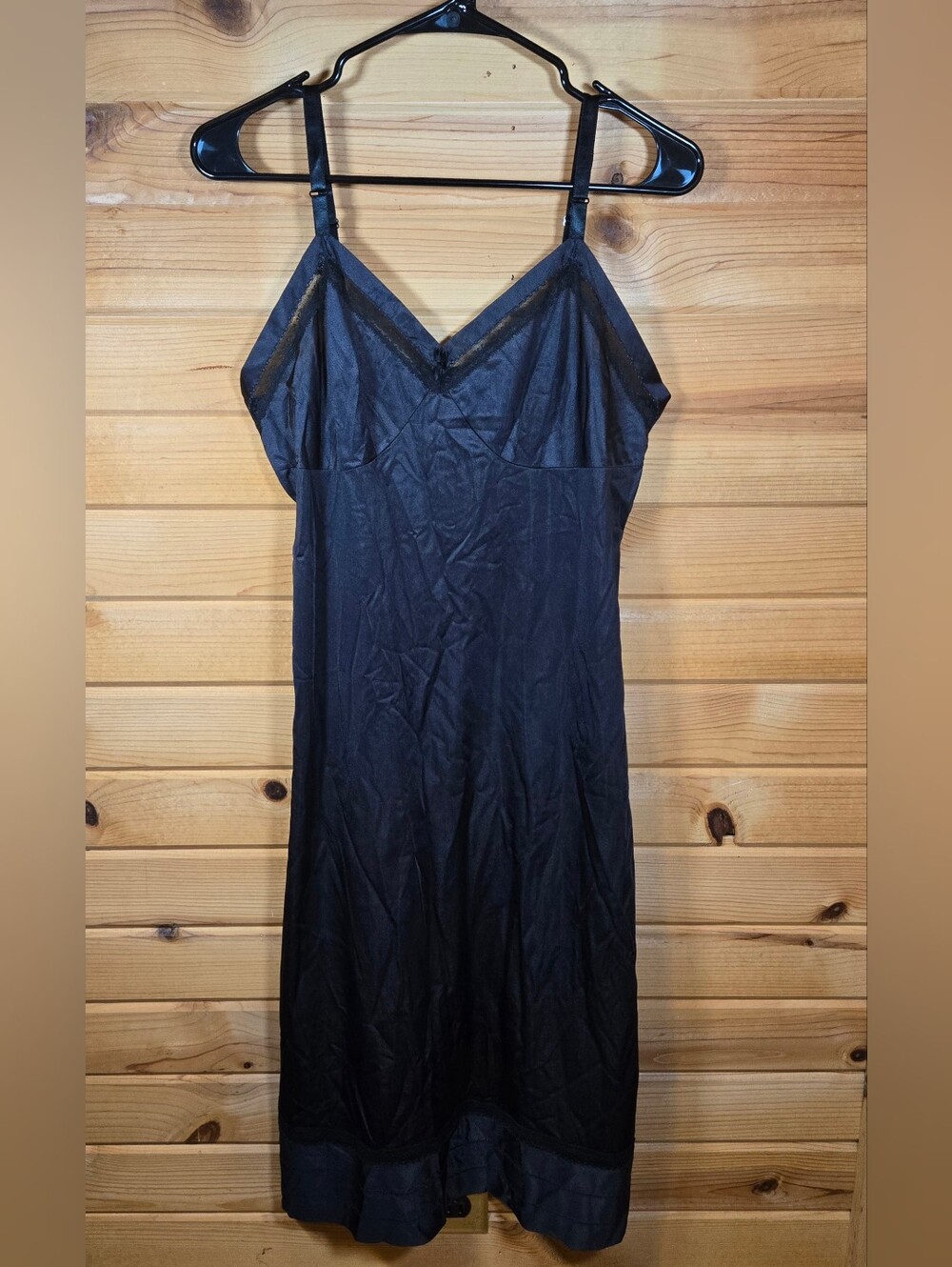 Vintage Lorraine Black Full Slip Dress Lace Trim 38 Tall Nylon 70s USA Made